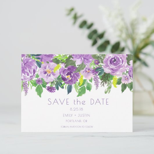 Paarse en groene Waterverf Floral Save the Date | (Staand voorkant)