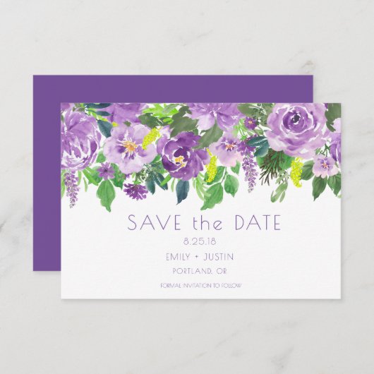Paarse en groene Waterverf Floral Save the Date | (Voorkant / Achterkant)
