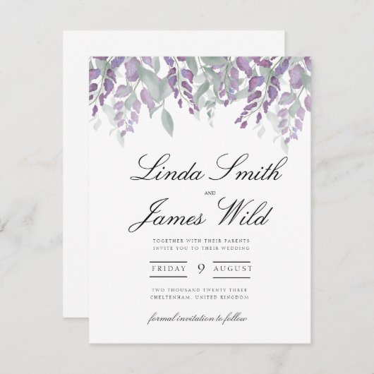 Paarse en groene wisterie en eucalyptus redden de informatiekaartje (Voorkant / Achterkant)