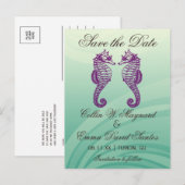Paarse en groene zeepaardje Save the Date Briefkaa Aankondigingskaart (Voorkant / Achterkant)