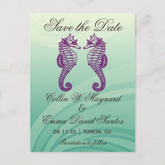 Paarse en groene zeepaardje Save the Date Briefkaa Aankondigingskaart (Voorkant)