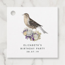 Paarse en Ivoor Bloemen Vogeldamast Bedankjes Labels