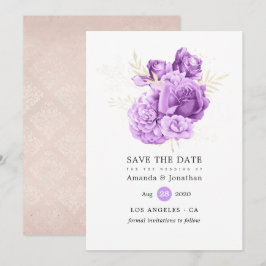 Paarse en ivoorkleurige bloemachtige bruiloft save the date