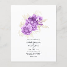Paarse en ivoorkleurige bloemen bruiloftsinvitatie
