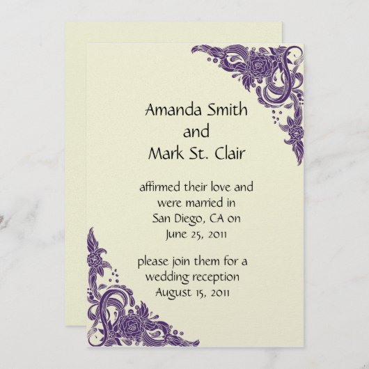 Paarse en ivoorkleurige uitnodiging voor na de bru (Voorkant / Achterkant)