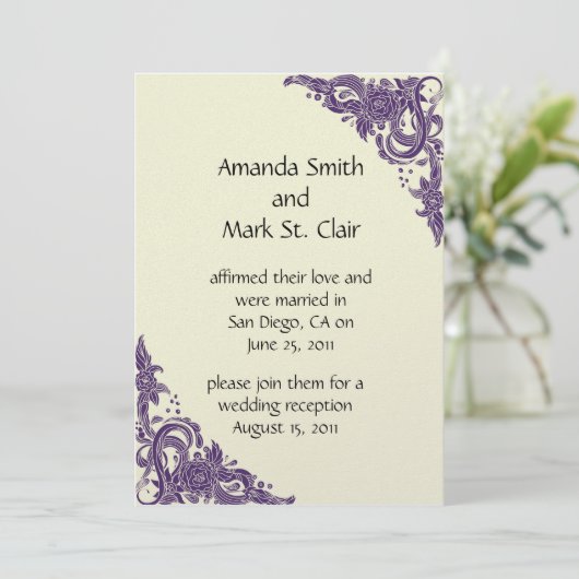 Paarse en ivoorkleurige uitnodiging voor na de bru (Staand voorkant)