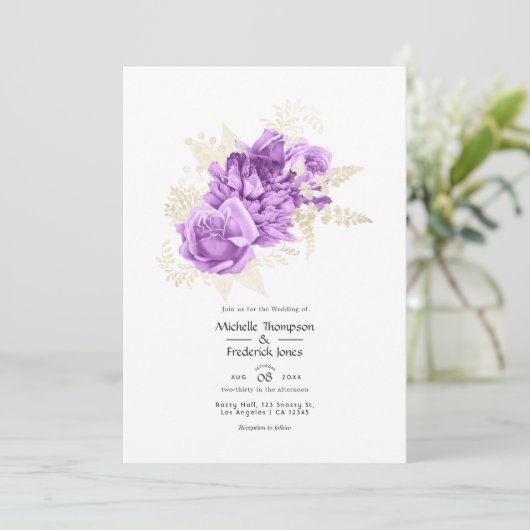 Paarse en ivoren bruiloft kaart (Staand voorkant)