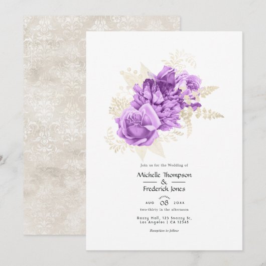 Paarse en ivoren bruiloft kaart (Voorkant / Achterkant)