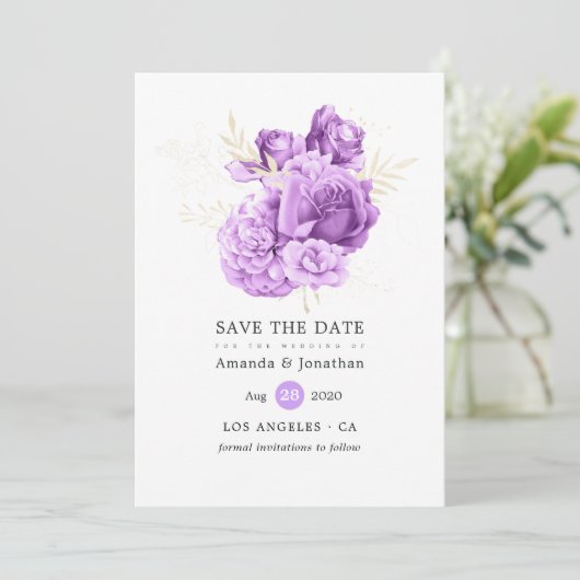 Paarse en ivoren bruiloft save the date (Staand voorkant)