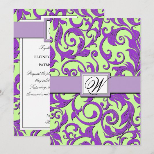 Paarse en kalkgroene Damask Wedding-uitnodigingen Kaart (Voorkant / Achterkant)