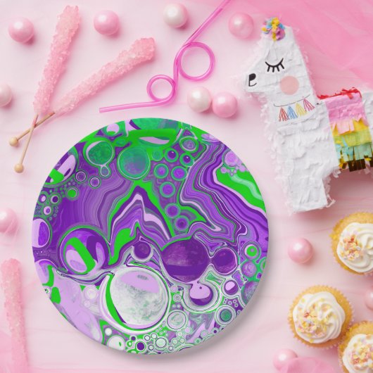 Paarse en kalkgroene marmer-fluid-kunst papieren bordje (Feest)