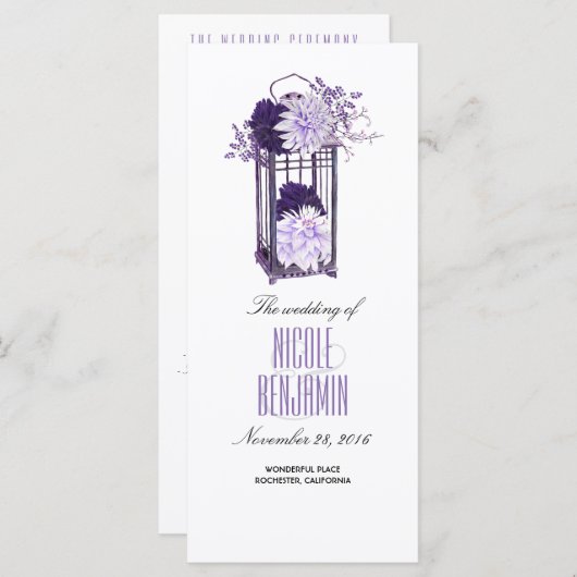 Paarse en Lavendel Floral Lantaarn Wedding Program Programmakaart (Voorkant / Achterkant)