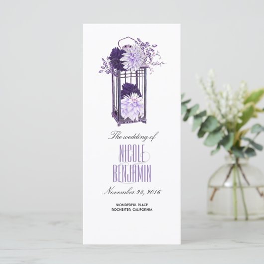Paarse en Lavendel Floral Lantaarn Wedding Program Programmakaart (Staand voorkant)