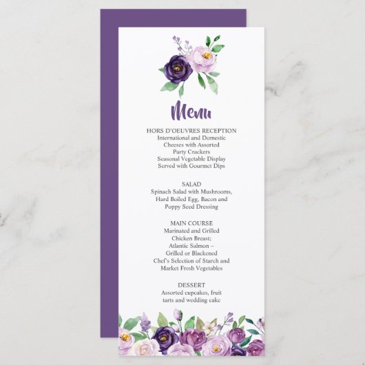 Paarse en Lavendel Rozen Wedding Menu (Voorkant / Achterkant)