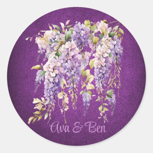 Paarse en Lavendel Wisteria bruiloft Ronde Sticker (Voorkant)