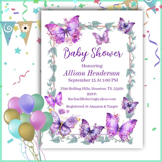 Paarse en lavendelvlinders Baby shower Kaart
