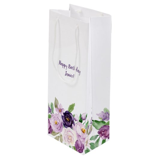 Paarse en lavender Rozen Monogram Wijn Cadeautas (Voorkant Gekanteld)