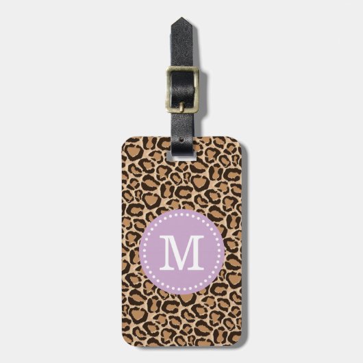 Paarse en Leopard Print Custom Monogram Bagagelabel (Voorkant verticaal)