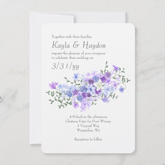 Paarse en lichtblauwe Rose Bouquet bruiloft Kaart (Voorkant)