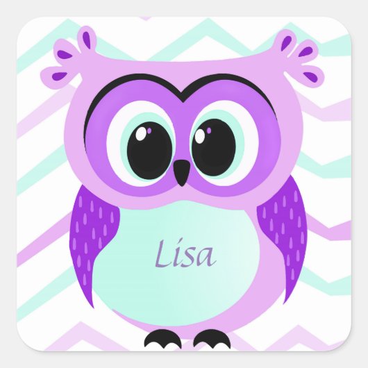 Paarse en lila baby uil cartoon vierkante sticker (Voorkant)