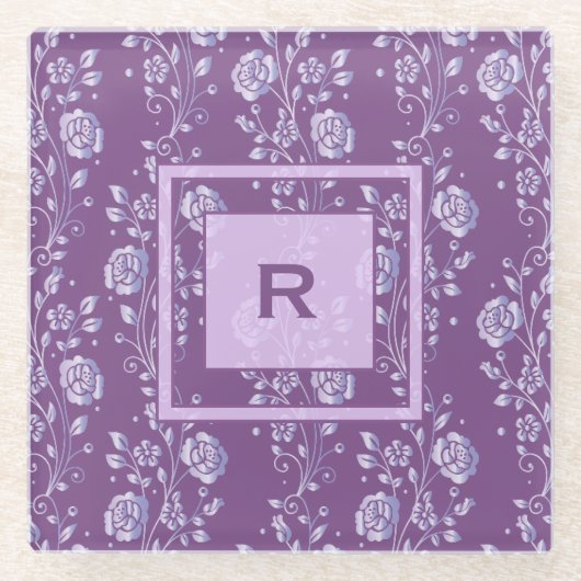  Paarse en Lila Floral Monogram Glazen Onderzetter (Voorkant)