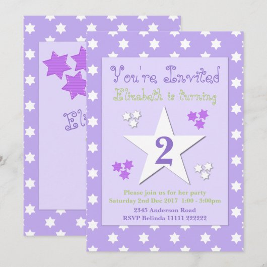 Paarse en lila met sterren verjaardagsfeestje kaart (Voorkant / Achterkant)