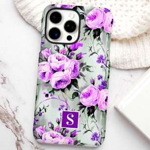 Paarse en lila monogram bloemmotief  iPhone 16 pro max hoesje
