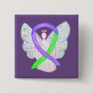 Paarse en limoengroene bewustzijnslint engel knope vierkante button 5,1 cm