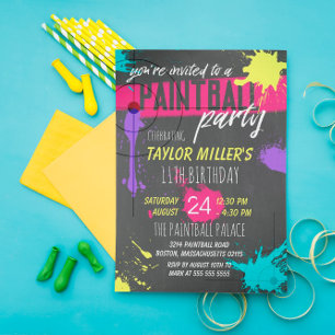 Paarse en magenta Paint Splash Paintball Party Kaart