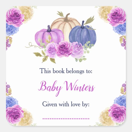 Paarse en marineblauwe bloemige pompoenen Baby Sho Vierkante Sticker (Voorkant)