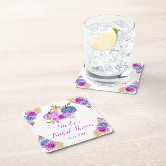 Paarse en marineblauwe bloemige pompoenen bruidsdo kartonnen onderzetters (Insitu)