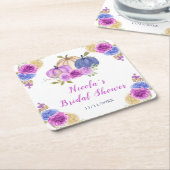 Paarse en marineblauwe bloemige pompoenen bruidsdo kartonnen onderzetters (Schuin)