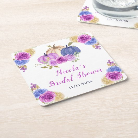 Paarse en marineblauwe bloemige pompoenen bruidsdo kartonnen onderzetters (Schuin)