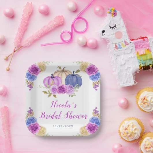 Paarse en marineblauwe bloemige pompoenen bruiloft papieren bordje (Feest)