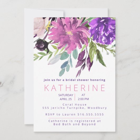 Paarse en Mauve waterverf Floral Vrijgezellenfeest Kaart (Voorkant)