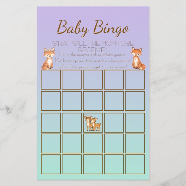 Paarse en Mint Bosdier Baby Shower Bingo (Voorkant)