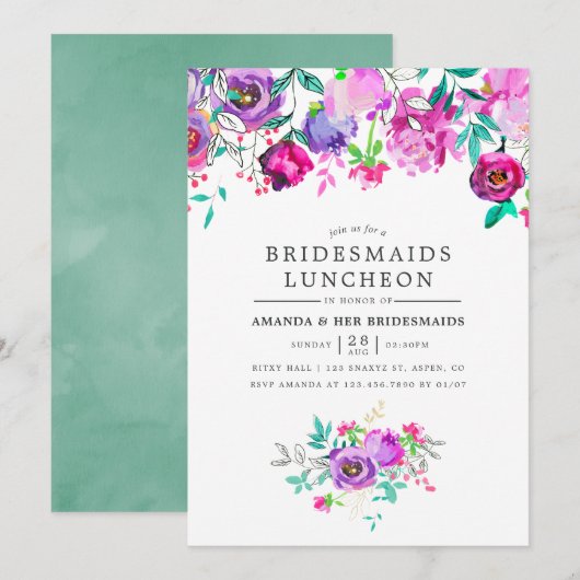 Paarse en Mint Floral Bridesmaids Luncheon nodigen Kaart (Voorkant / Achterkant)