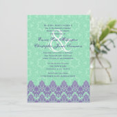 Paarse en Mint Green Lace Damask Wedding V12 Kaart (Staand voorkant)