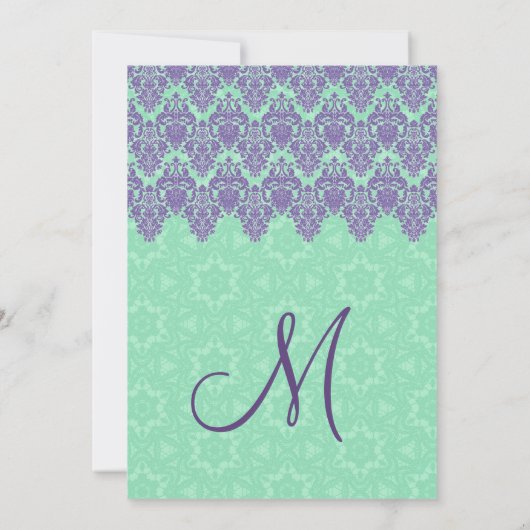 Paarse en Mint Green Lace Damask Wedding V12 Kaart (Achterkant)