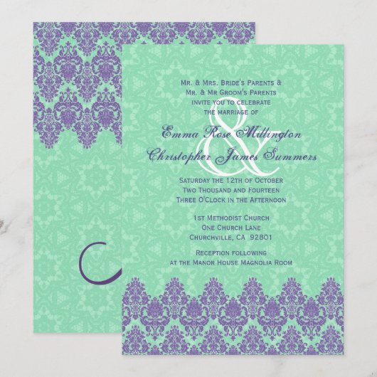 Paarse en Mint Green Lace Damask Wedding V12 Kaart (Voorkant / Achterkant)