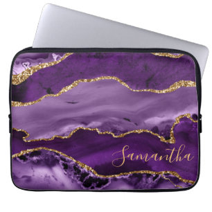 Paarse en namaak gouden glinsterende marmer agaat laptop sleeve