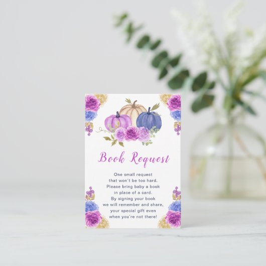 Paarse en Navy Blue Floral Pumpkins Baby shower Informatiekaartje (Staand voorkant)
