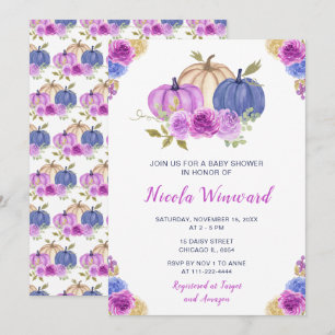 Paarse en Navy Blue Floral Pumpkins Baby shower Kaart