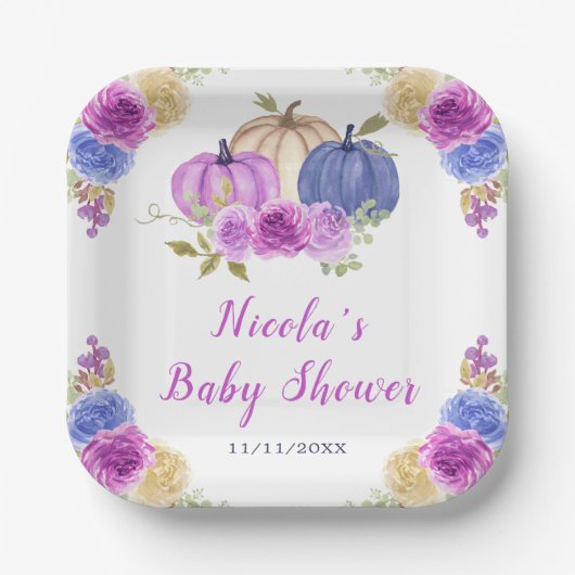 Paarse en Navy Blue Floral Pumpkins Baby shower Papieren Bordje (Voorkant)