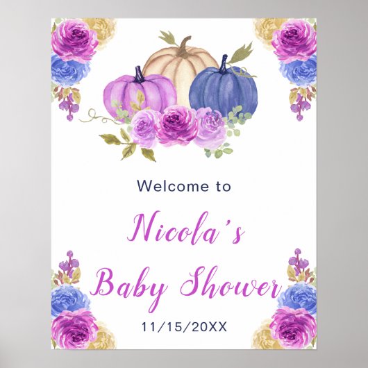 Paarse en Navy Blue Floral Pumpkins Baby shower Poster (Voorkant)