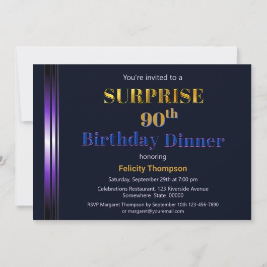 Paarse en Navy Blue Surprise 90th Birthday Kaart (Voorkant)