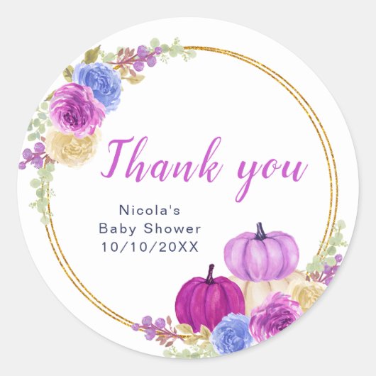 Paarse en Navy pompoenen Baby shower Dank u Ronde Sticker (Voorkant)