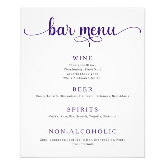 Paarse en Off White Wedding Bar Menu Poster (Voorkant)