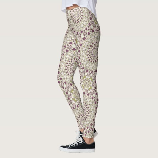 Paarse en olijf geometrische mandala patroon leggings (Links)