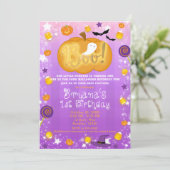 Paarse en Oranje 1e verjaardag Halloween Party Kaart (Staand voorkant)